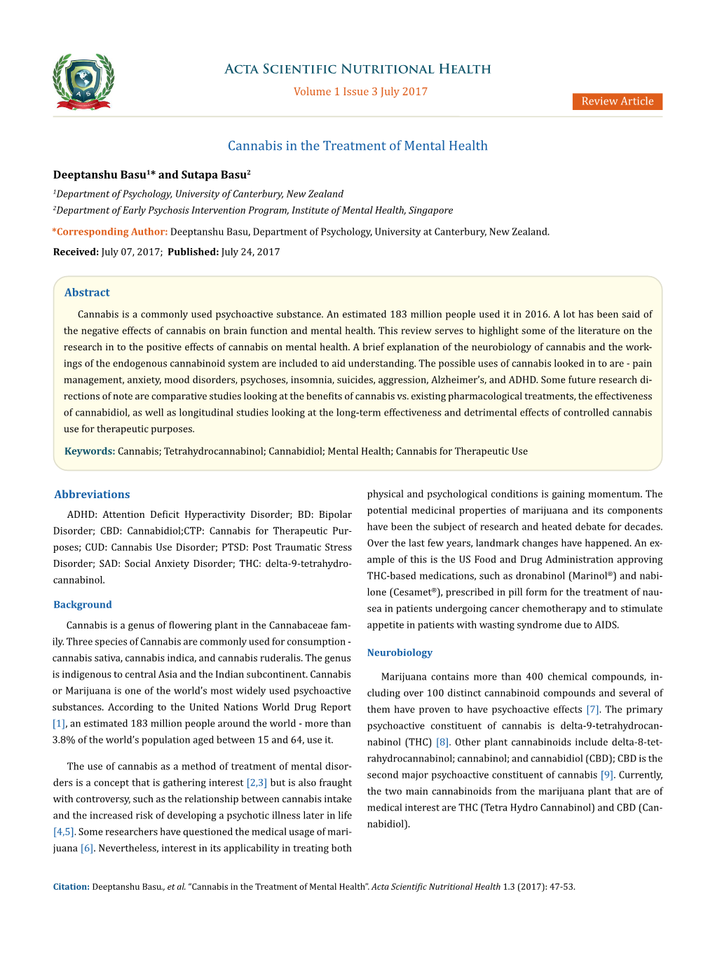 Cannabis in the Treatment of Mental Health