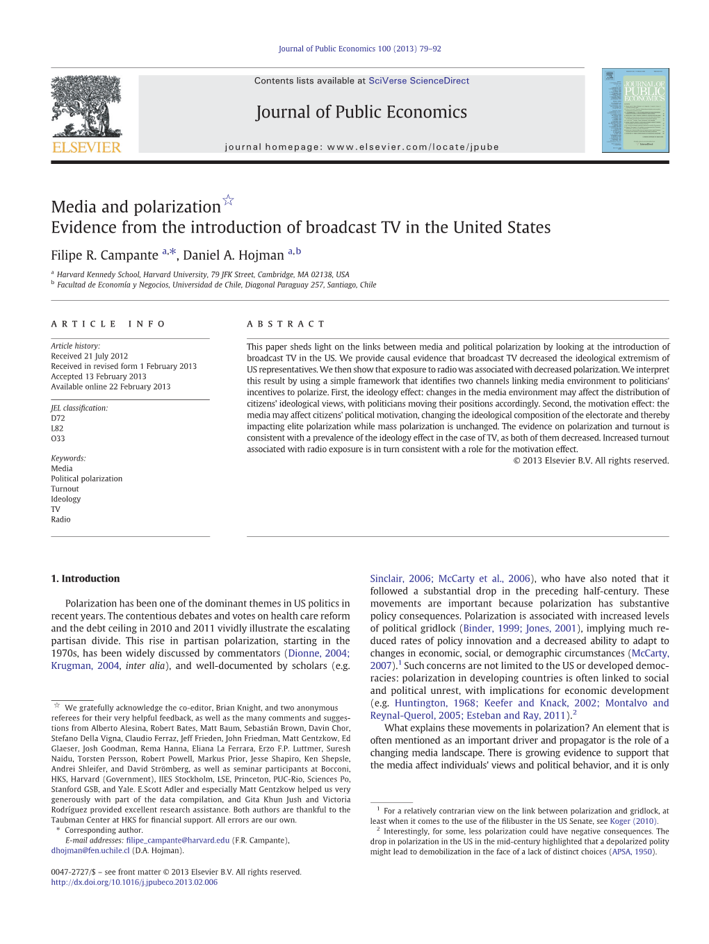 Media and Polarization☆ Evidence from the Introduction of Broadcast TV in the United States