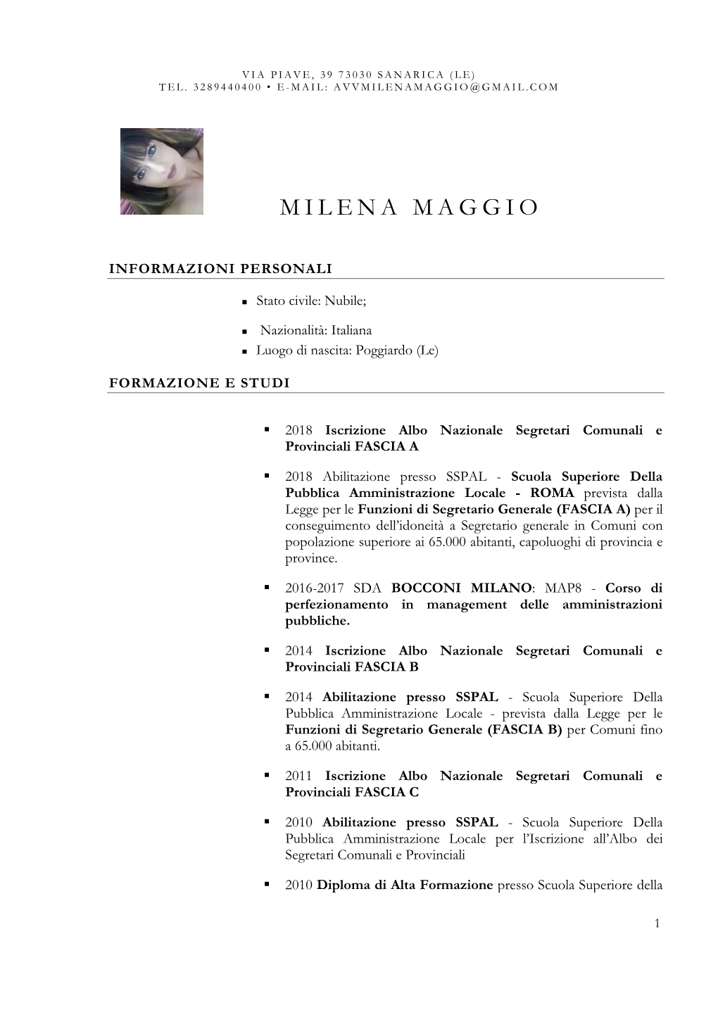 Curriculum Avv. Milena Maggio