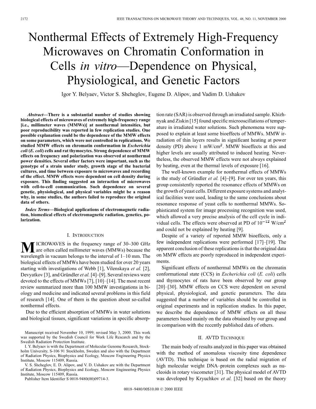 Nonthermal Effects of Extremely High-Frequency Microwaves On