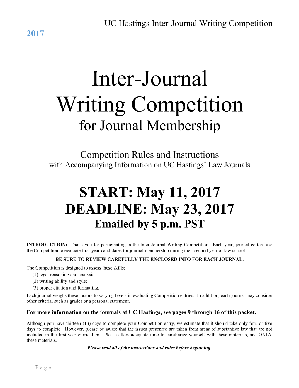 UC Hastings Inter-Journal Writing Competition