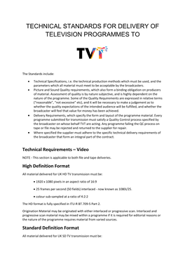 Technical Standards for Delivery of Television Programmes To