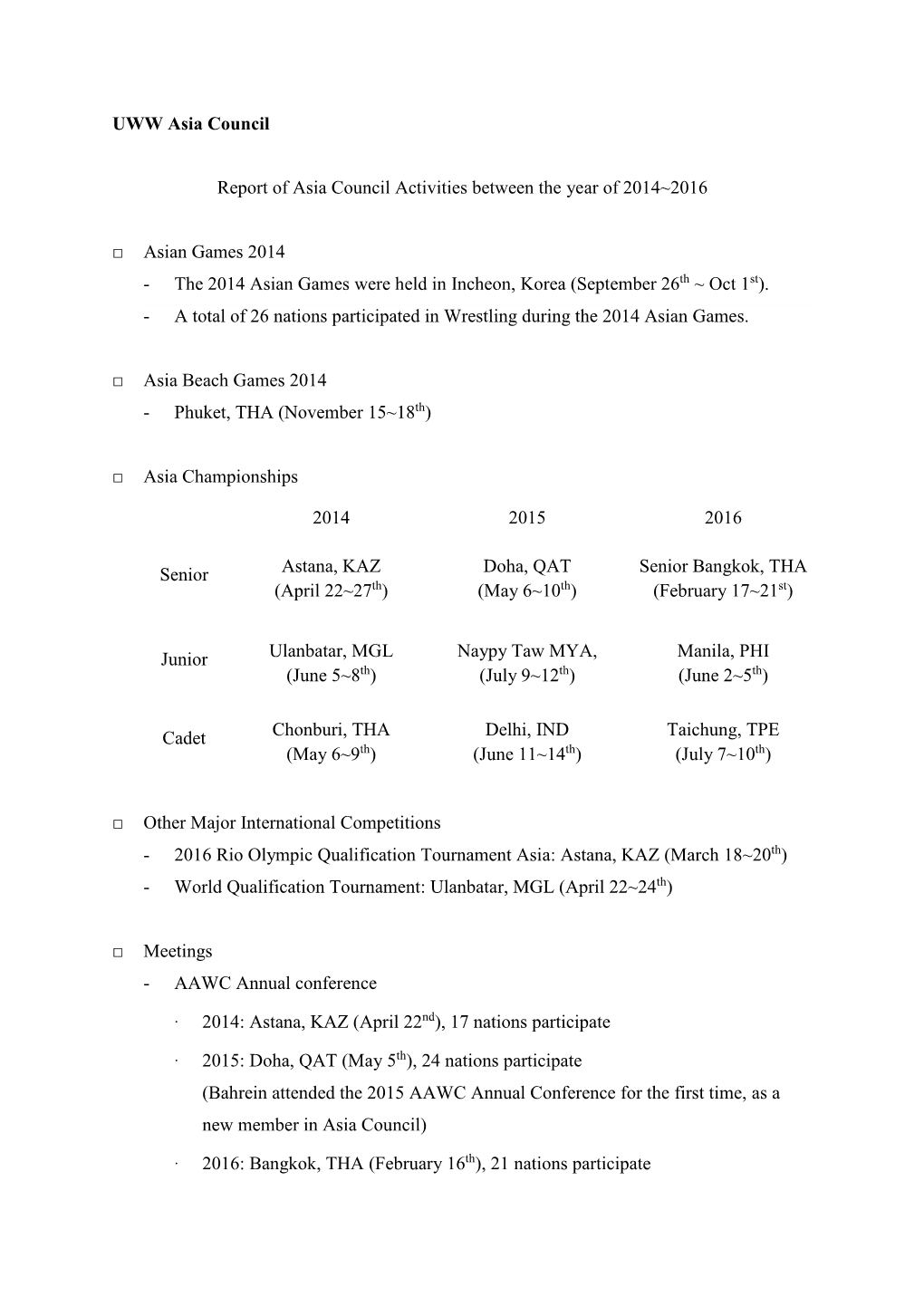 UWW-Asia Annual Reports 2014-2016