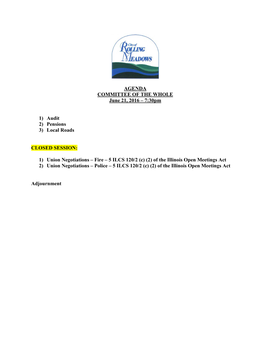 AGENDA COMMITTEE of the WHOLE June 21, 2016 – 7:30Pm