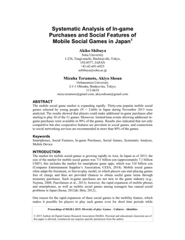Systematic Analysis of In-Game Purchases and Social Features of Mobile Social Games in Japan1