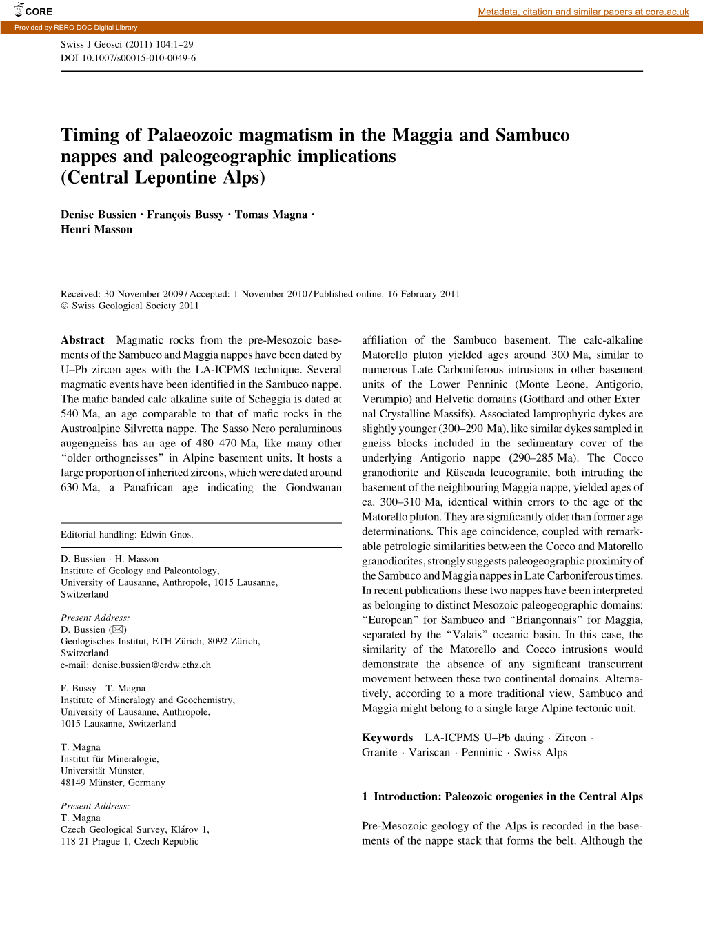 Timing of Palaeozoic Magmatism in the Maggia and Sambuco Nappes and Paleogeographic Implications (Central Lepontine Alps)