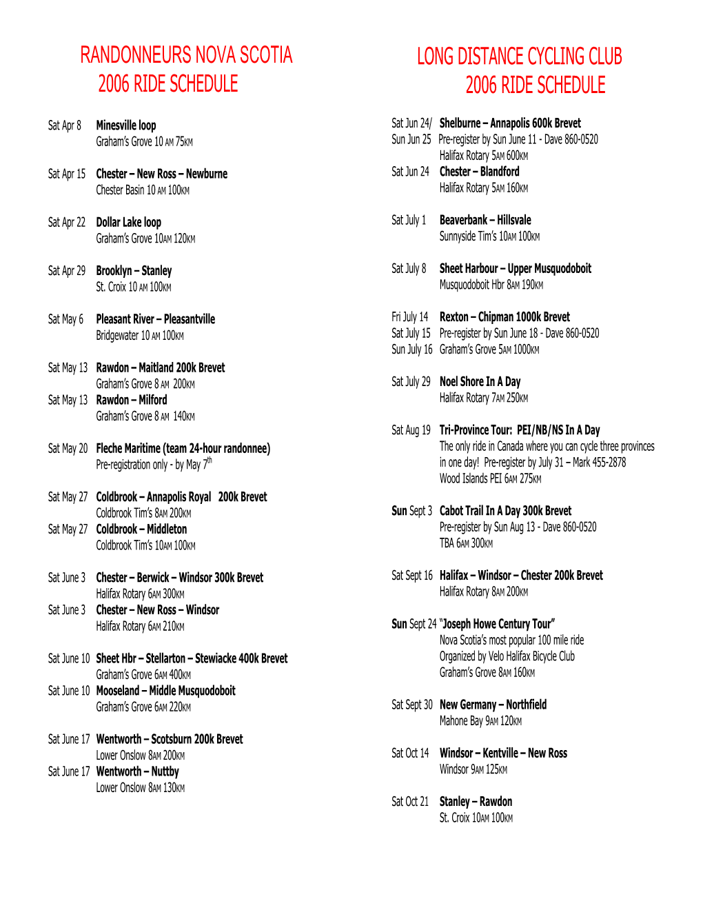 2006 Ride Schedule 2006 Ride Schedule