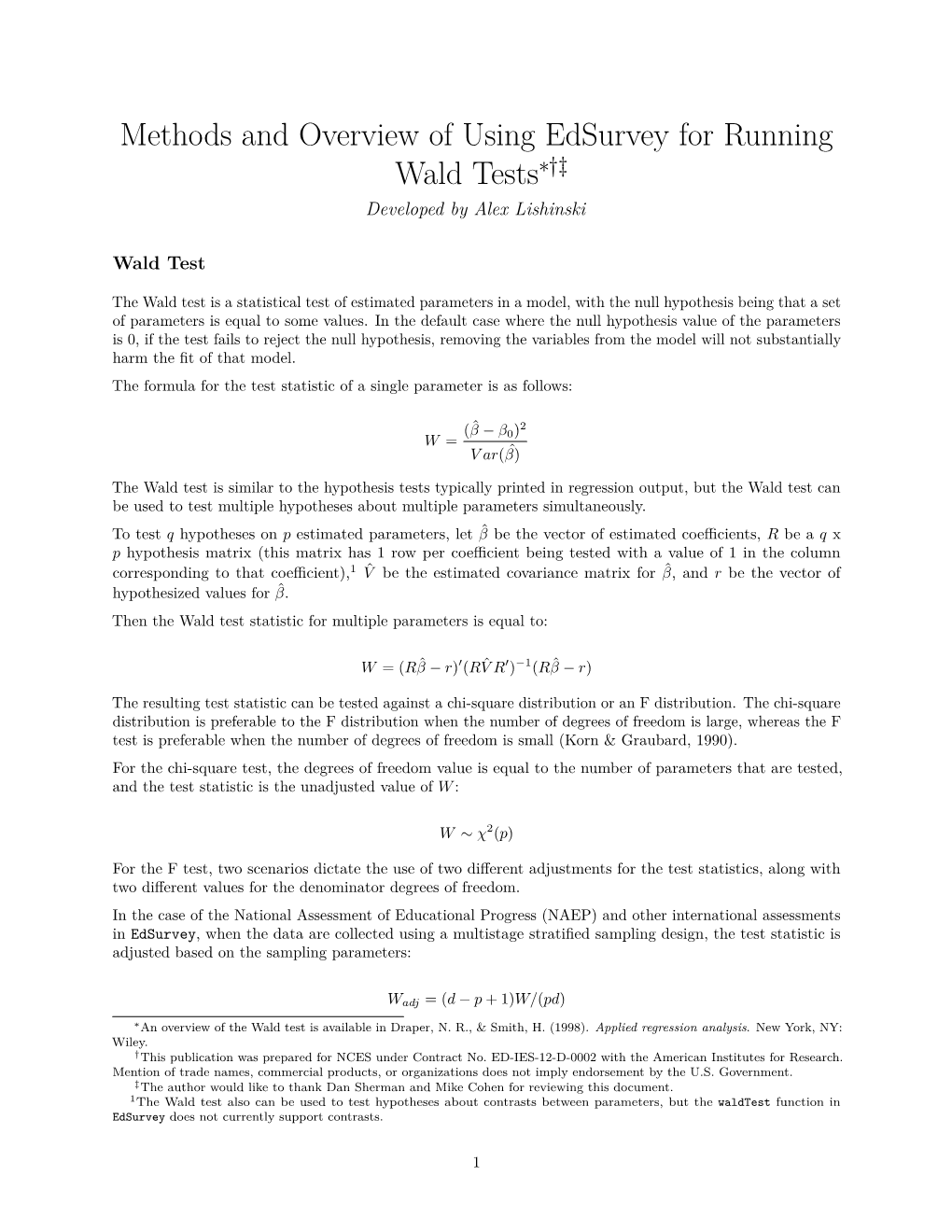 Methods and Overview of Using Edsurvey for Running Wald Tests∗†‡ Developed by Alex Lishinski