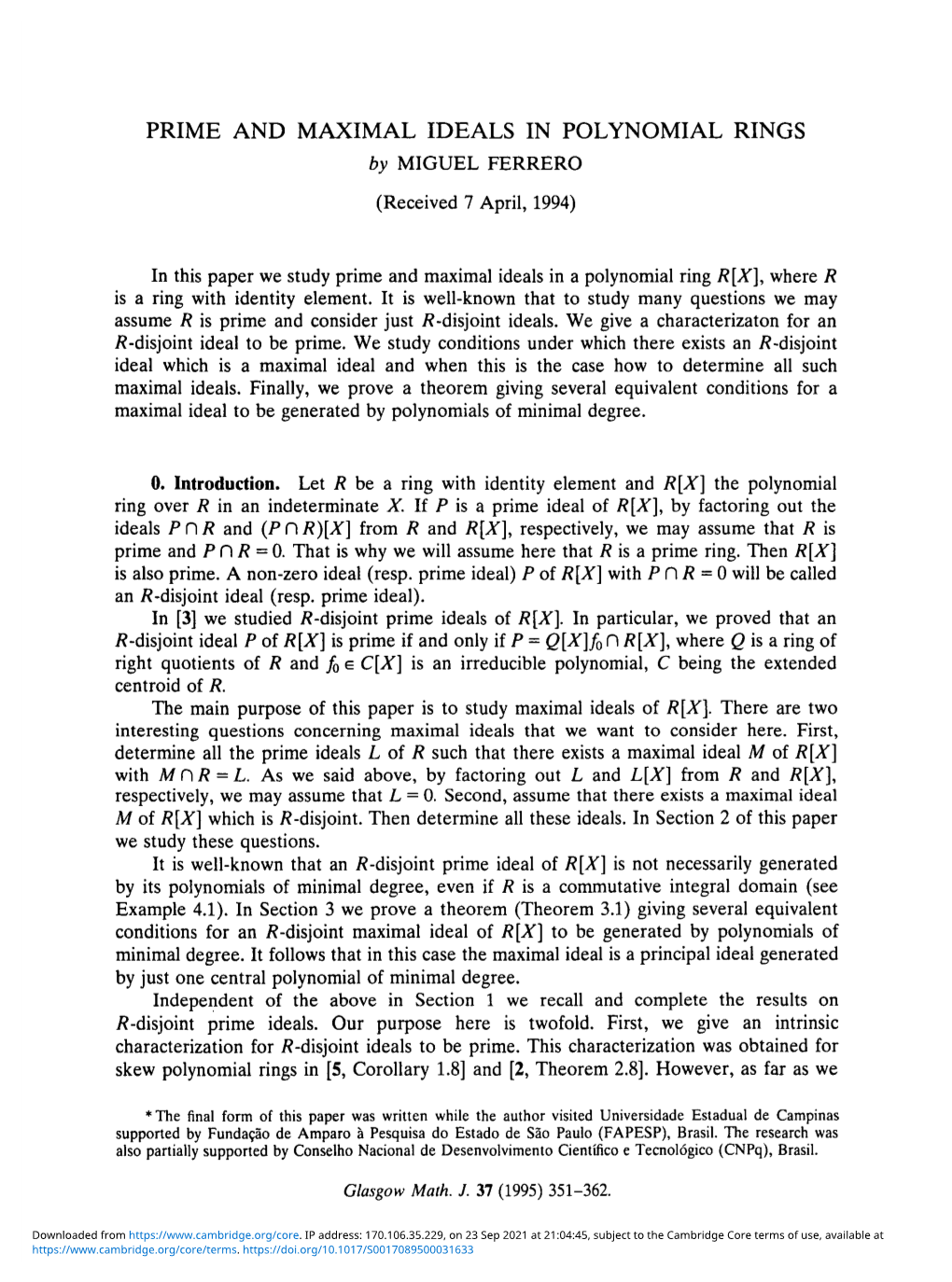 PRIME and MAXIMAL IDEALS in POLYNOMIAL RINGS by MIGUEL FERRERO (Received 7 April, 1994)