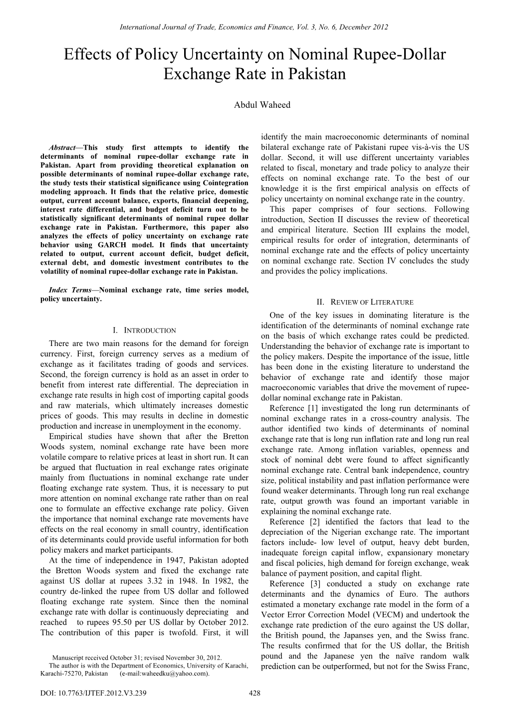 Effects of Policy Uncertainty on Nominal Rupee-Dollar Exchange Rate in Pakistan