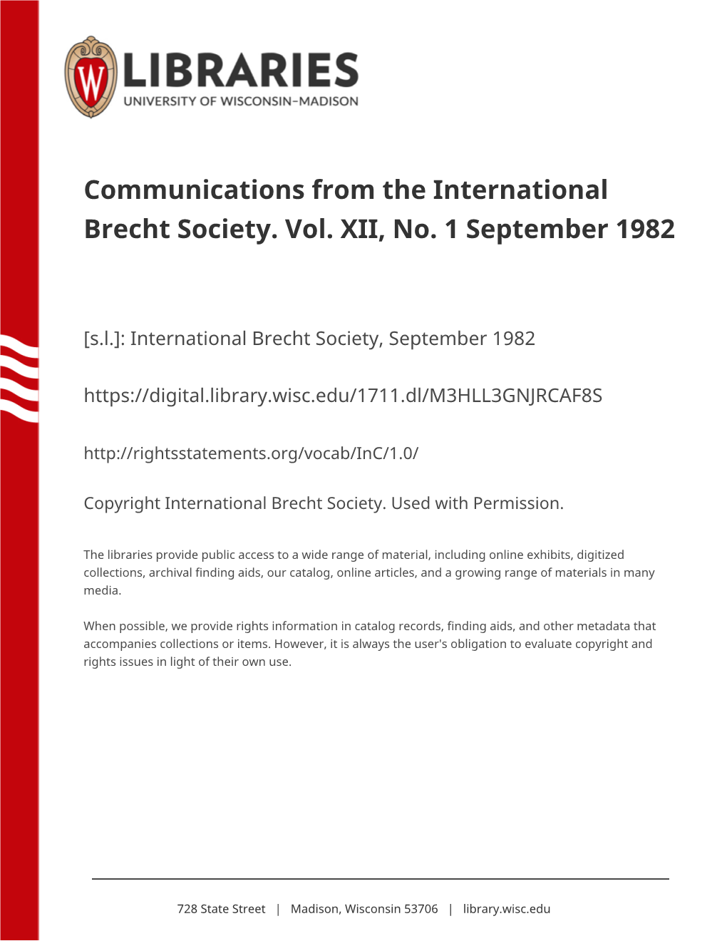 Communications from the International Brecht Society. Vol. XII, No. 1 September 1982