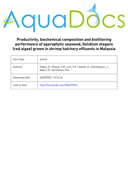 Productivity, Biochemical Composition and Biofiltering Performance of Agarophytic Seaweed, Gelidium Elegans (Red Algae) Grown in Shrimp Hatchery Effluents in Malaysia