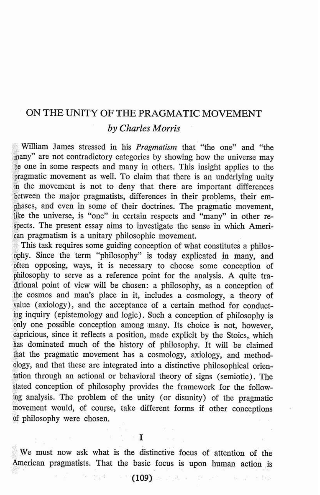 ON the UNITY of the PRAGMATIC MOVEMENT by Charles Morris