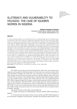 Illiteracy and Vulnerability to HIV/AIDS: the Case of Igueben Women in Nigeria Problems of Education in the 21St Century Volume 30, 2011 Background to the Problem 99