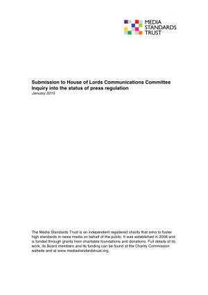 Submission to House of Lords Communications Committee Inquiry Into the Status of Press Regulation January 2015