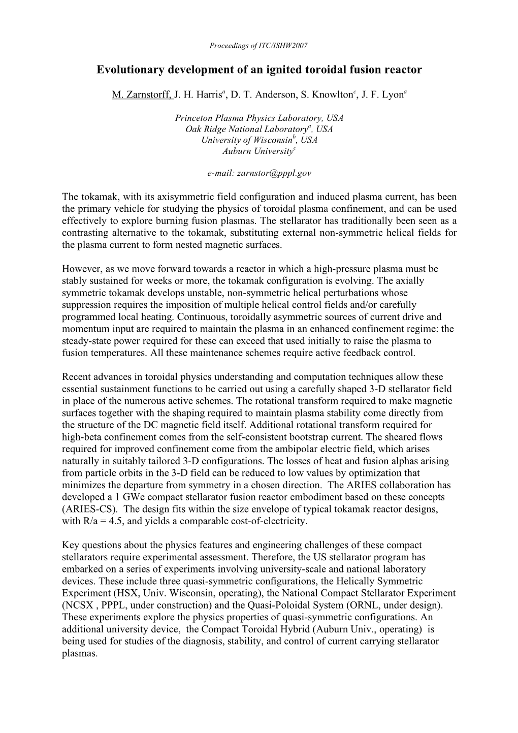 Evolutionary Development of an Ignited Toroidal Fusion Reactor