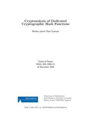 Cryptanalysis of Dedicated Cryptographic Hash Functions