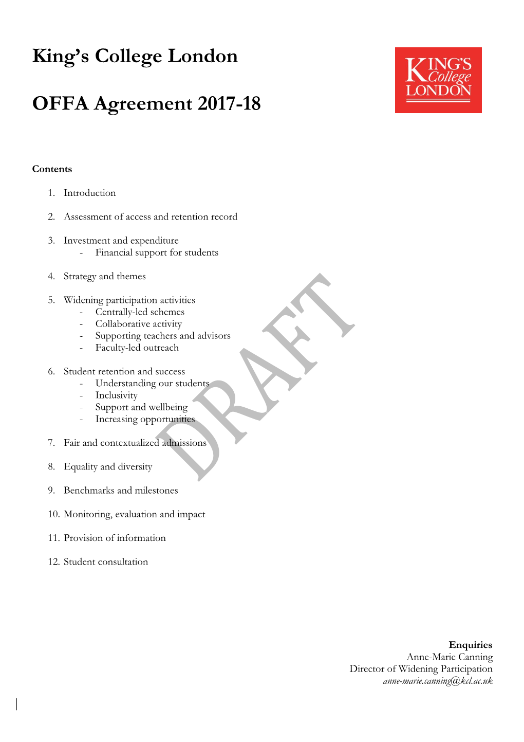 King's College London OFFA Agreement 2017-18