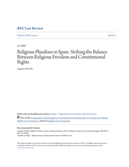 Religious Pluralism in Spain: Striking the Balance Between Religious Freedom and Constitutional Rights Augustin Motilla