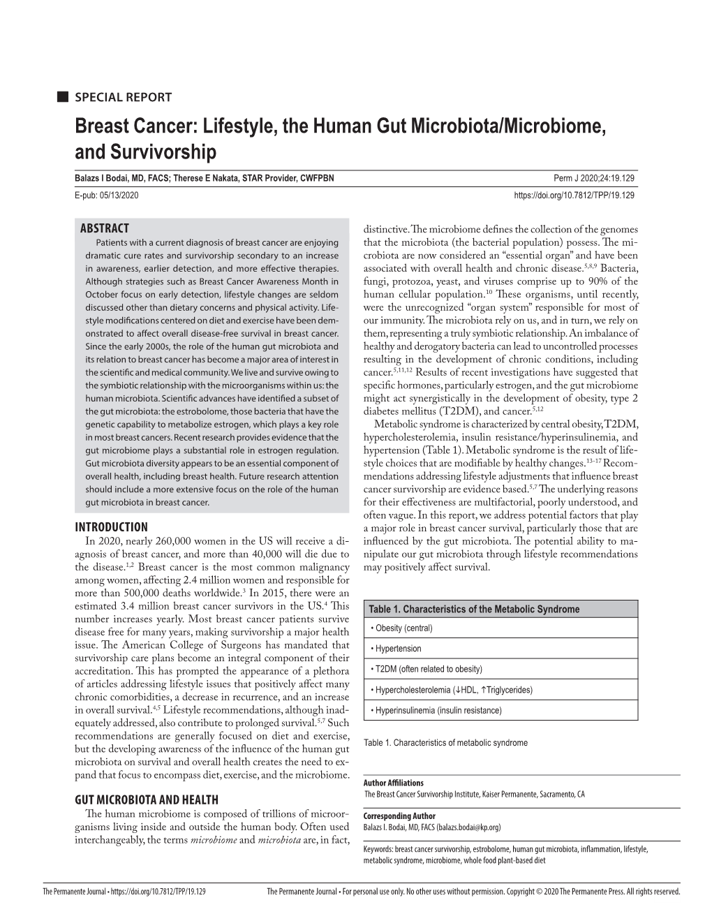 Breast Cancer: Lifestyle, the Human Gut Microbiota/Microbiome, and Survivorship