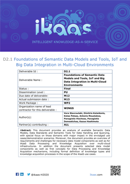 D2.1 Foundations of Semantic Data Models and Tools, Iot and Big Data Integration in Multi-Cloud Environments