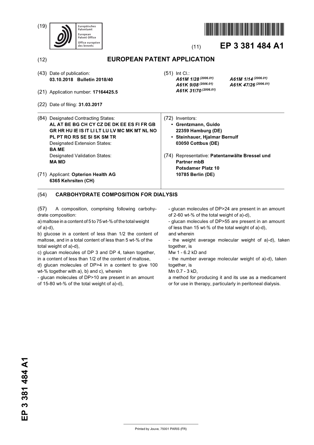 Carbohydrate Composition for Dialysis