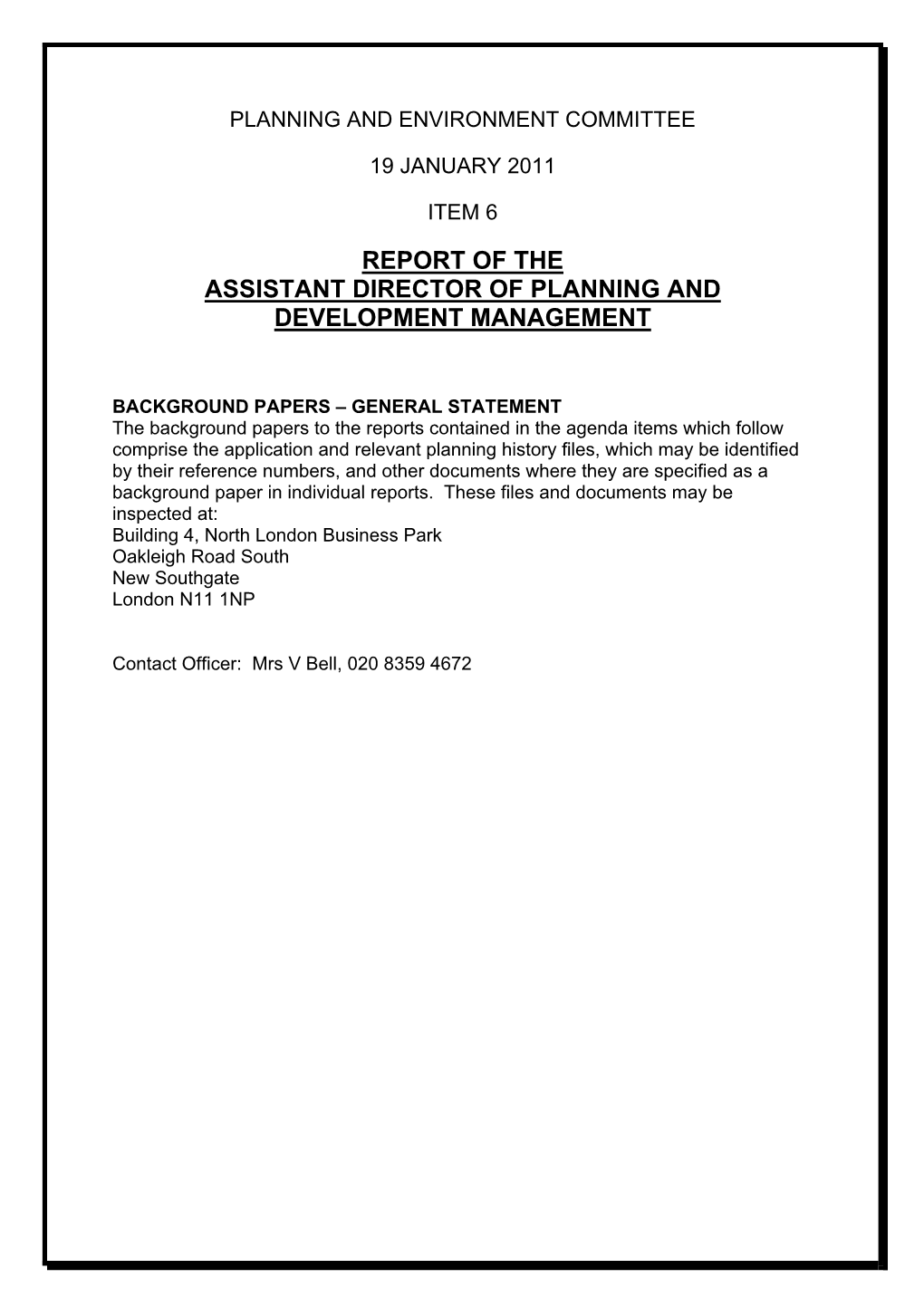 Report of the Assistant Director of Planning and Development Management