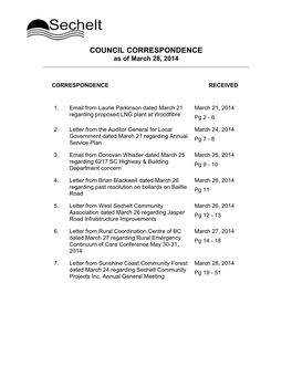 COUNCIL CORRESPONDENCE As of March 28, 2014