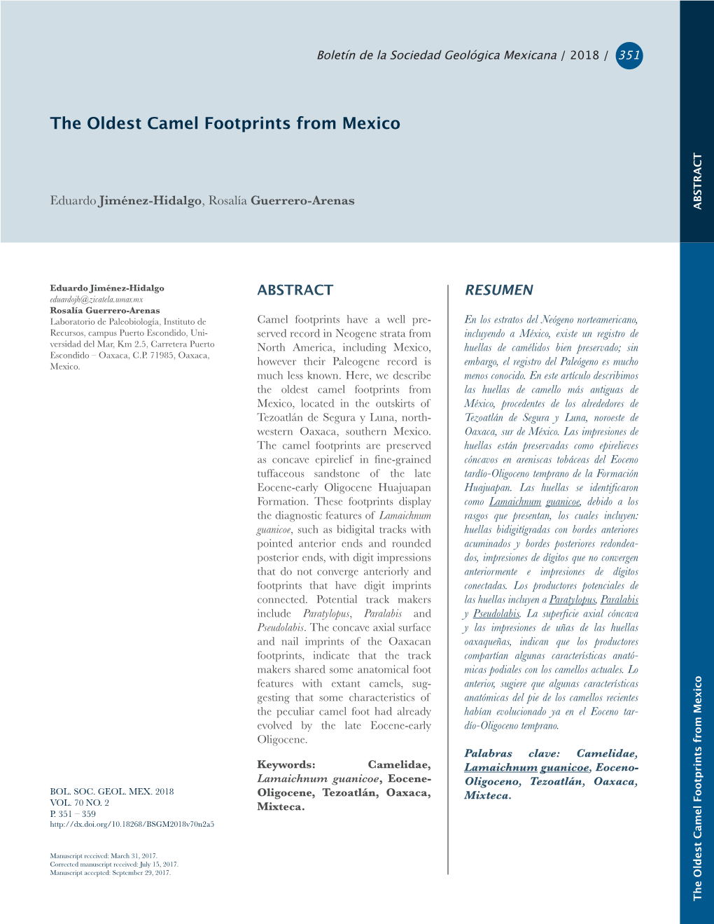 The Oldest Camel Footprints from Mexico ABSTRACT the Oldest Camel Footprints from Mexico INTRODUCTION 352 352 Eocene-Early of Tezoatlán, Oaxaca