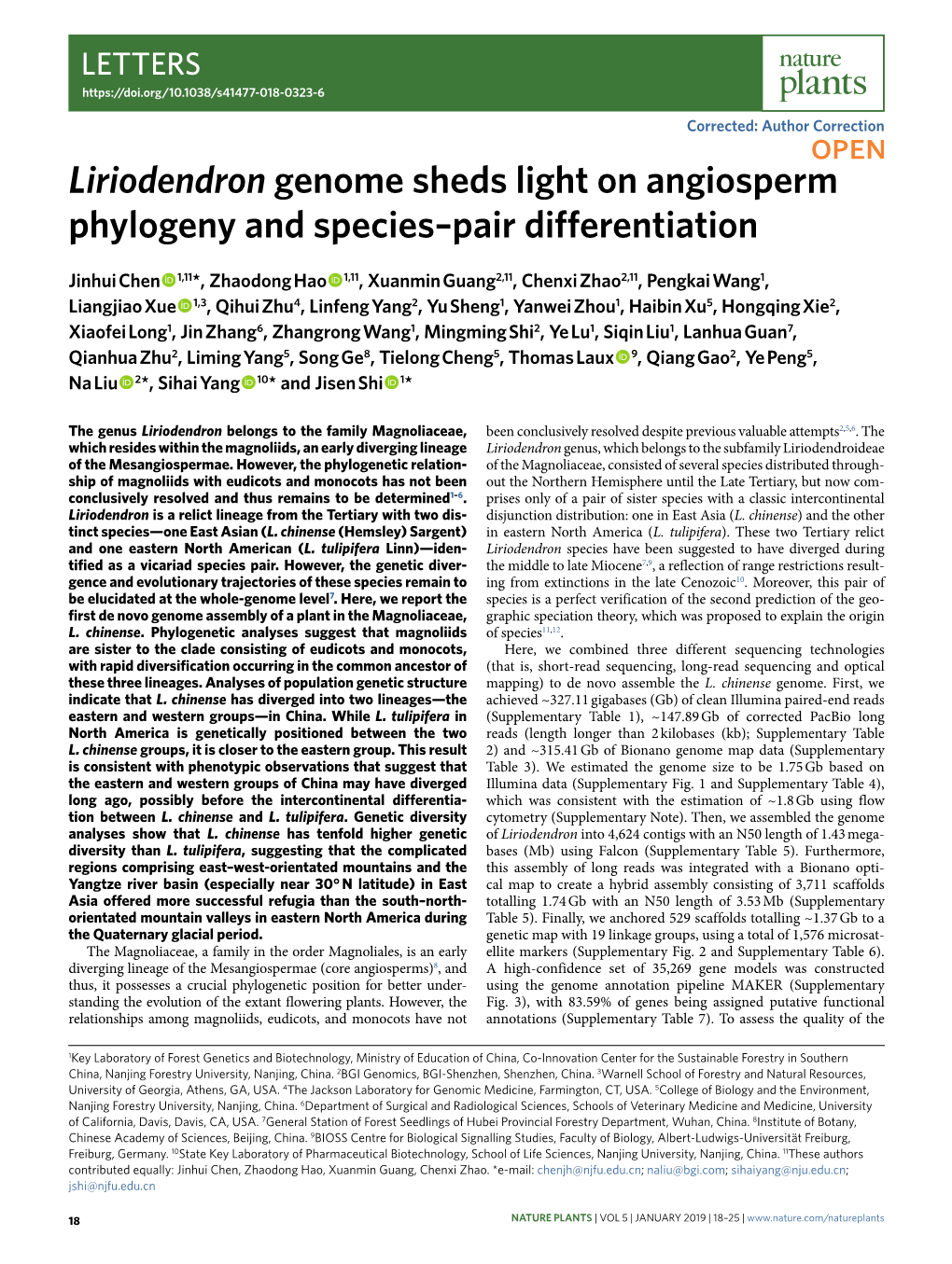 Liriodendron Genome Sheds Light on Angiosperm Phylogeny and Species–Pair Differentiation