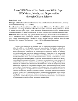EPO Vision, Needs, and Opportunities Through Citizen Science
