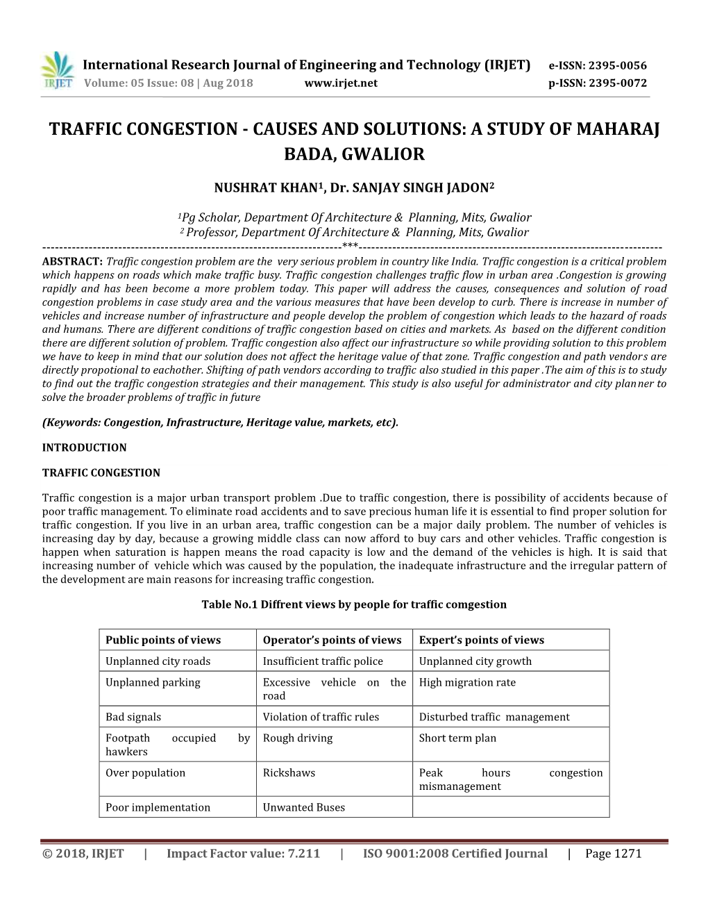 Traffic Congestion - Causes and Solutions: a Study of Maharaj Bada, Gwalior