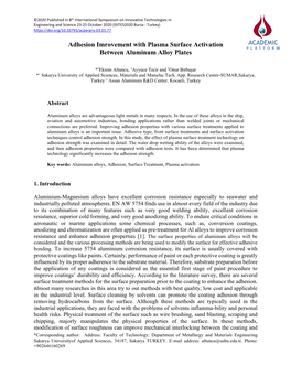 Adhesion Imrovement with Plasma Surface Activation Between Aluminum Alloy Plates