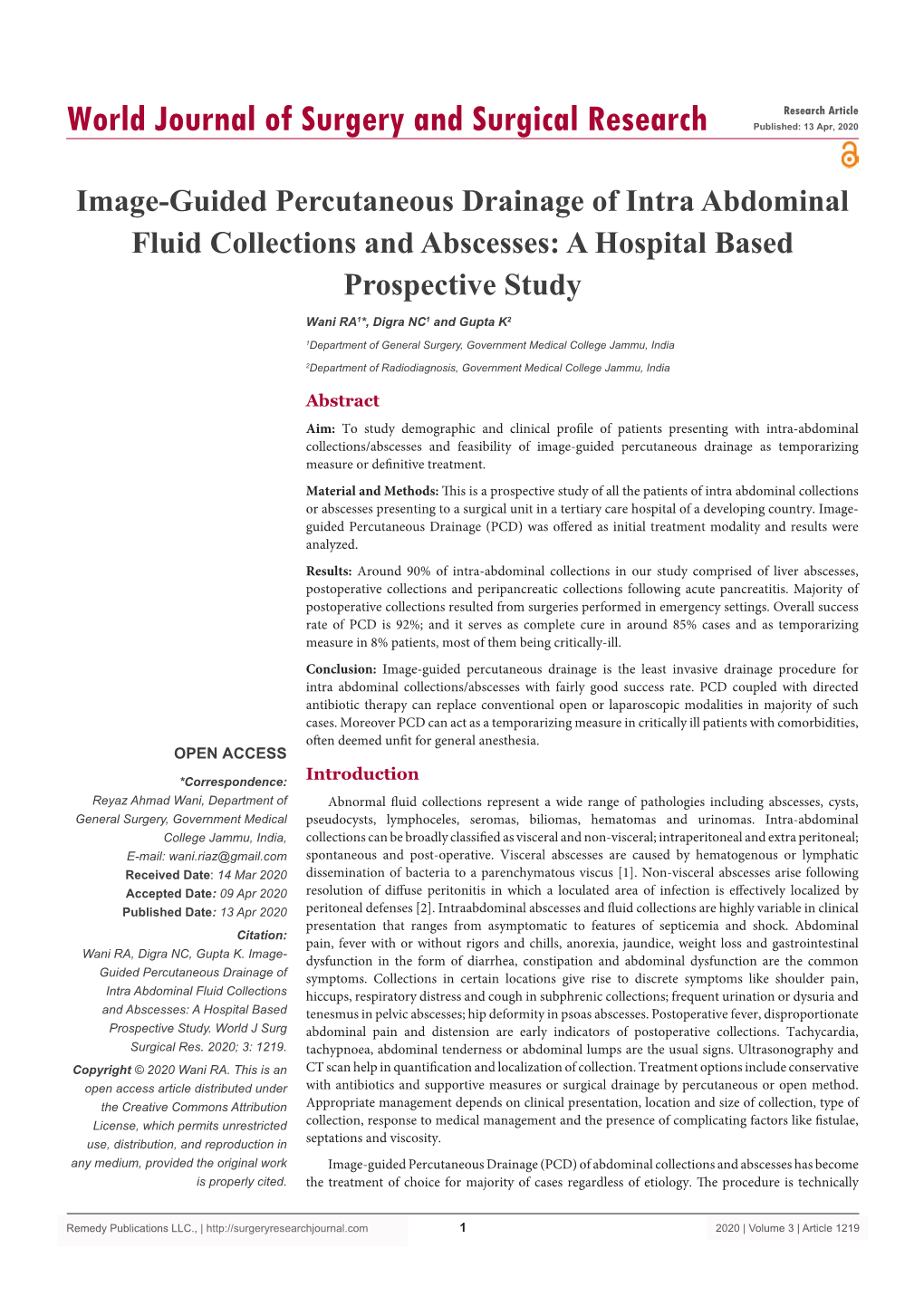 Image-Guided Percutaneous Drainage of Intra Abdominal Fluid Collections and Abscesses: a Hospital Based Prospective Study