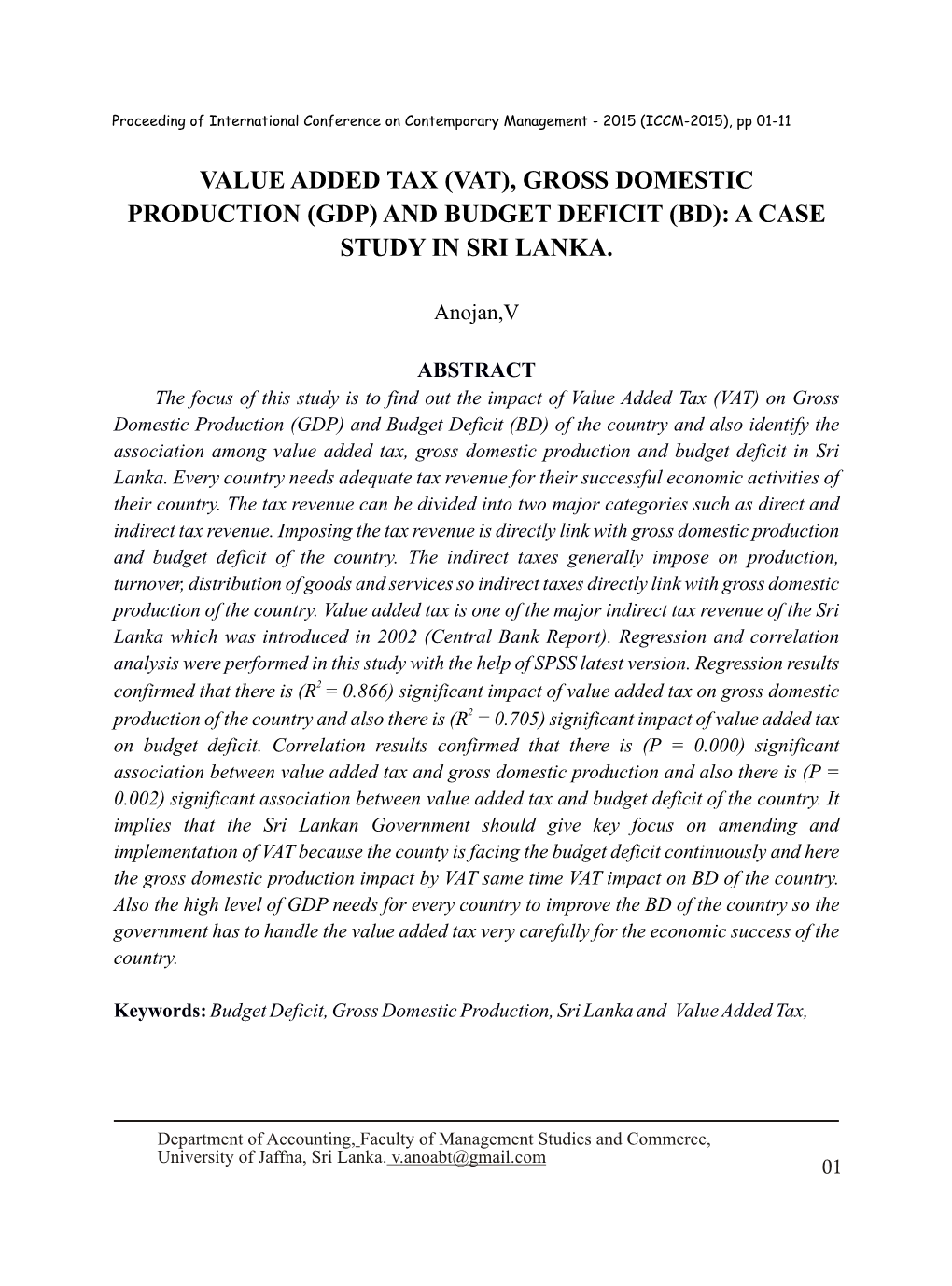 Value Added Tax (Vat), Gross Domestic Production (Gdp) and Budget Deficit (Bd): a Case Study in Sri Lanka