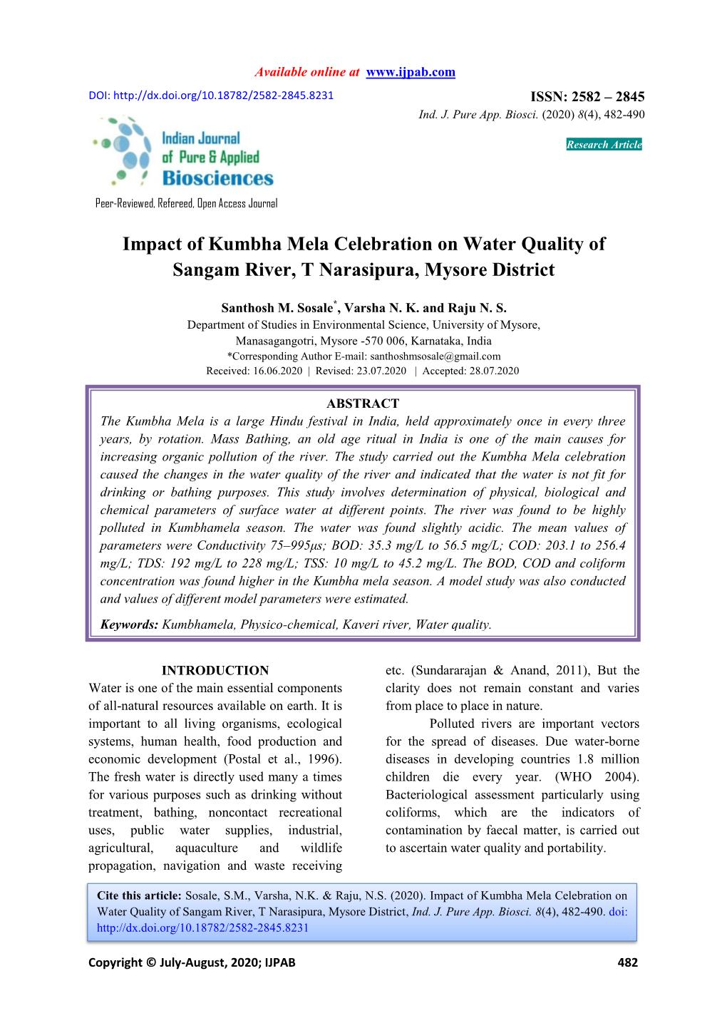 Impact of Kumbha Mela Celebration on Water Quality of Sangam River, T Narasipura, Mysore District