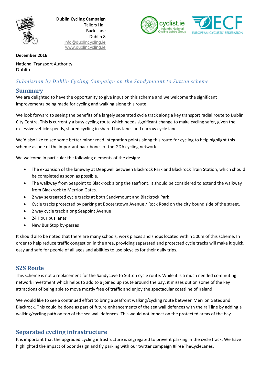 Summary S2S Route Separated Cycling Infrastructure