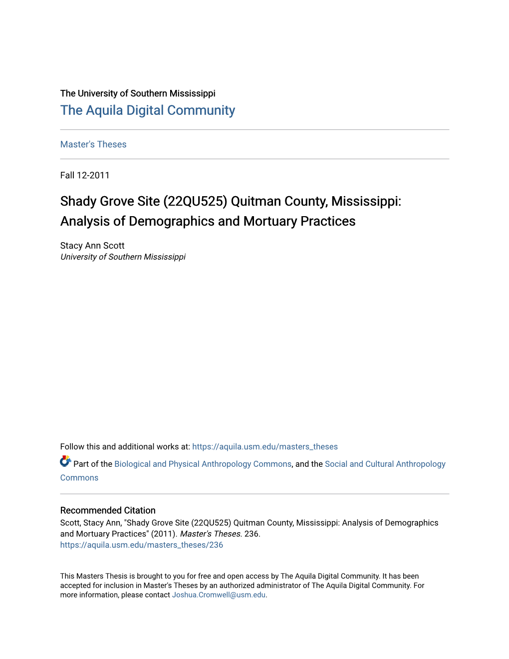 Quitman County, Mississippi: Analysis of Demographics and Mortuary Practices