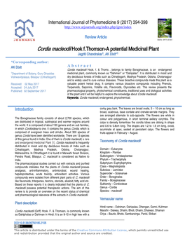 Cordia Macleodii Hook F.Thomson-A Potential Medicinal Plant Jagriti Chandrakar1, AK Dixit*1