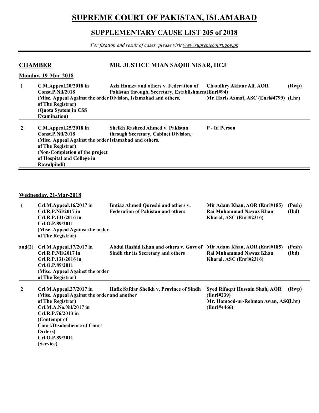 SUPREME COURT of PAKISTAN, ISLAMABAD SUPPLEMENTARY CAUSE LIST 205 of 2018