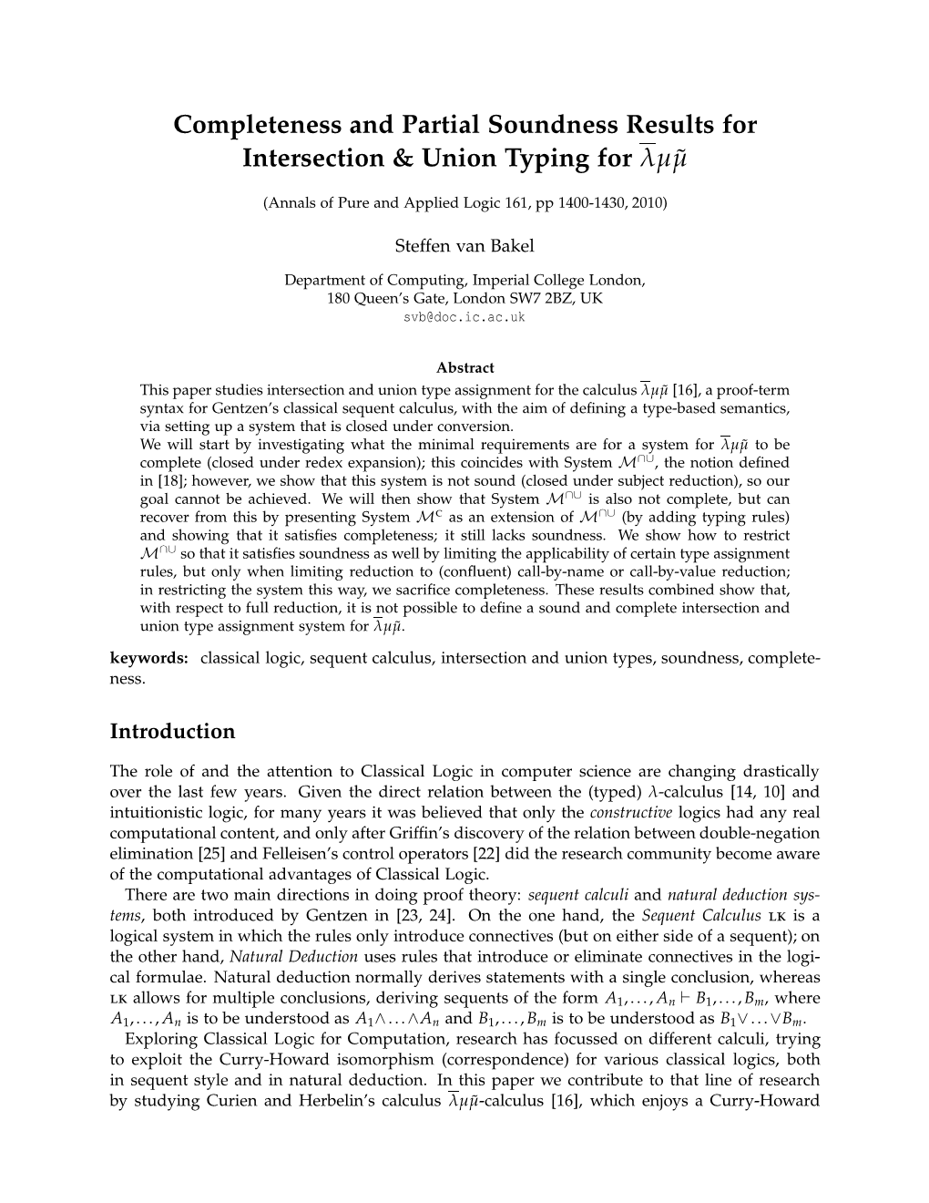 Completeness and Partial Soundness Results for Intersection & Union