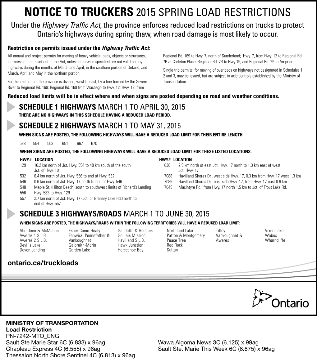 Notice to Truckers 2015 Spring Load Restrictions