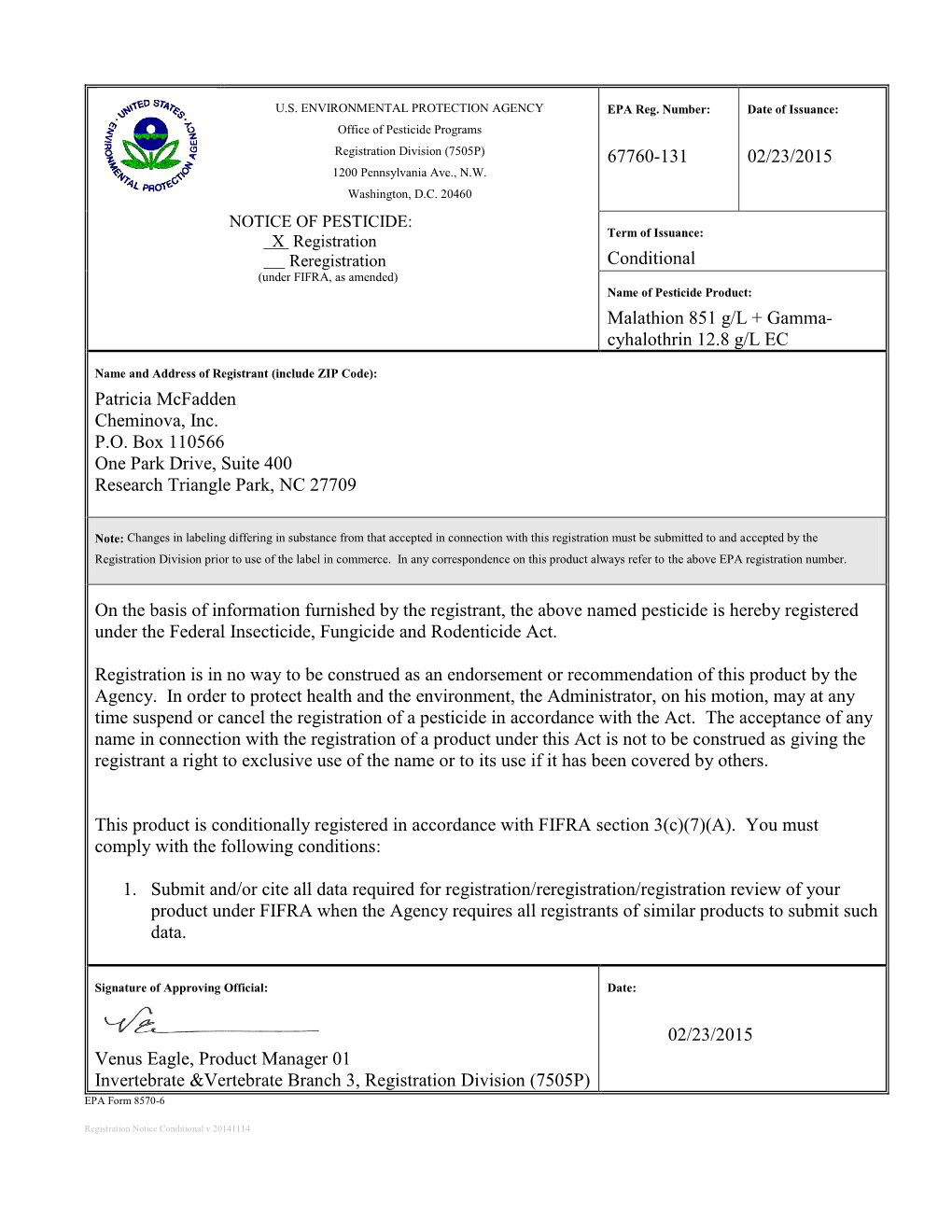 US EPA, Pesticide Product Label, Malathion 851 G/L + Gamma