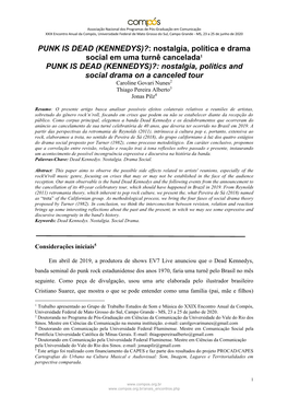 (KENNEDYS)?: Nostalgia, Política E Drama Social Em Uma Turnê Cancelada1 PUNK IS DEAD