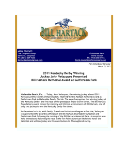 2011 Kentucky Derby Winning Jockey John Velazquez Presented Bill Hartack Memorial Award at Gulfstream Park