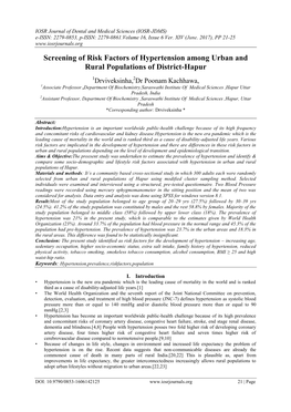 Screening of Risk Factors of Hypertension Among Urban and Rural Populations of District-Hapur