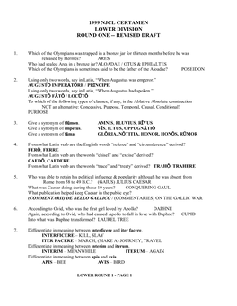 1999 Njcl Certamen Lower Division Round One -- Revised Draft