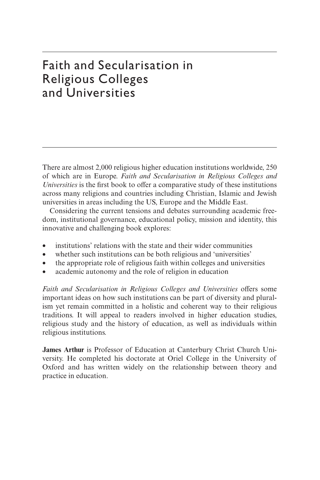 Faith and Secularisation in Religious Colleges and Universities