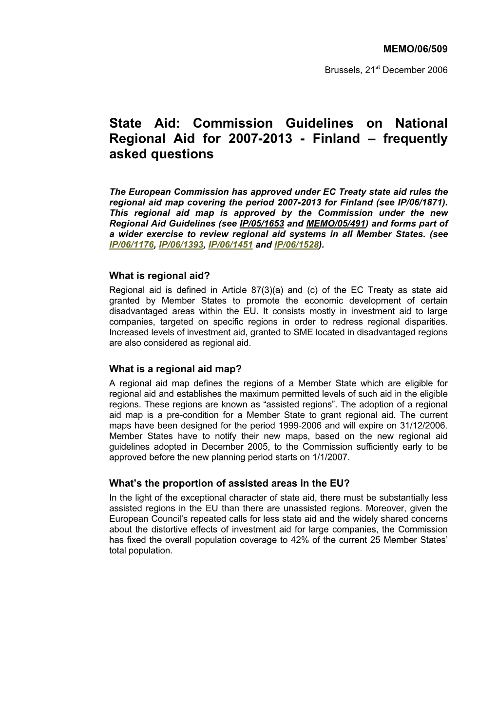 State Aid: Commission Guidelines on National Regional Aid for 2007-2013 - Finland – Frequently Asked Questions