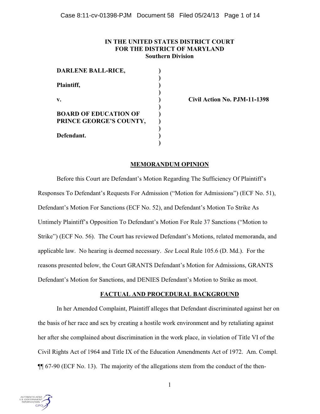 Case 8:11-Cv-01398-PJM Document 58 Filed 05/24/13 Page 1 of 14